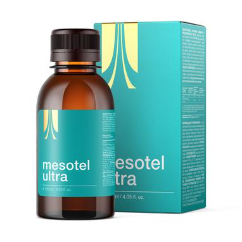 Mesotel Ultra - инновационный пептидный комплекс для омоложения организма и глубокого детокса. Флакон с жидкой формой препарата для ежедневного применения